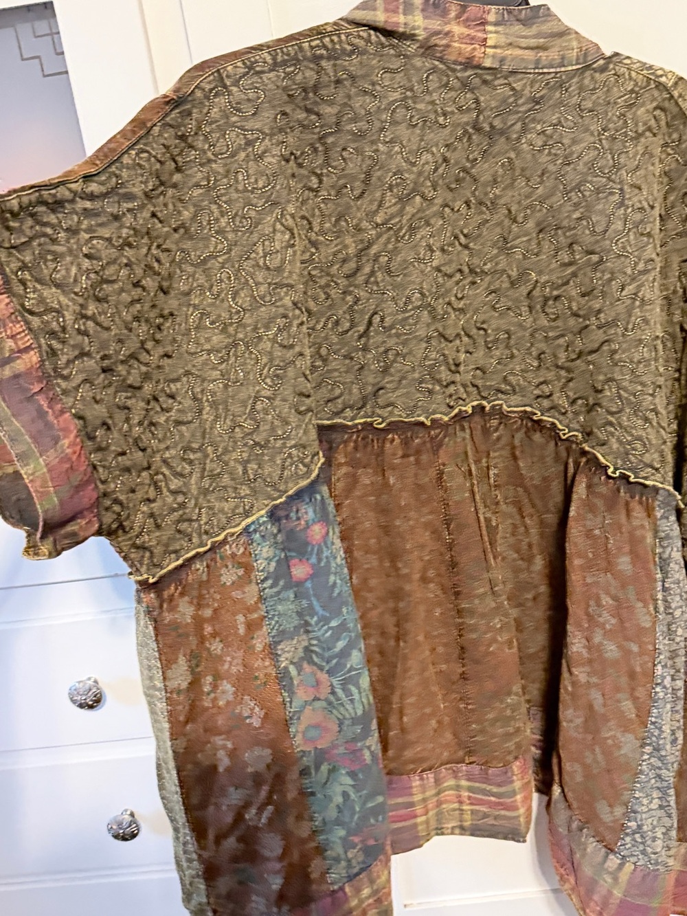 Boho Patchwork Draped Cape Jacket in Olive Multi - Picture 4 of 14